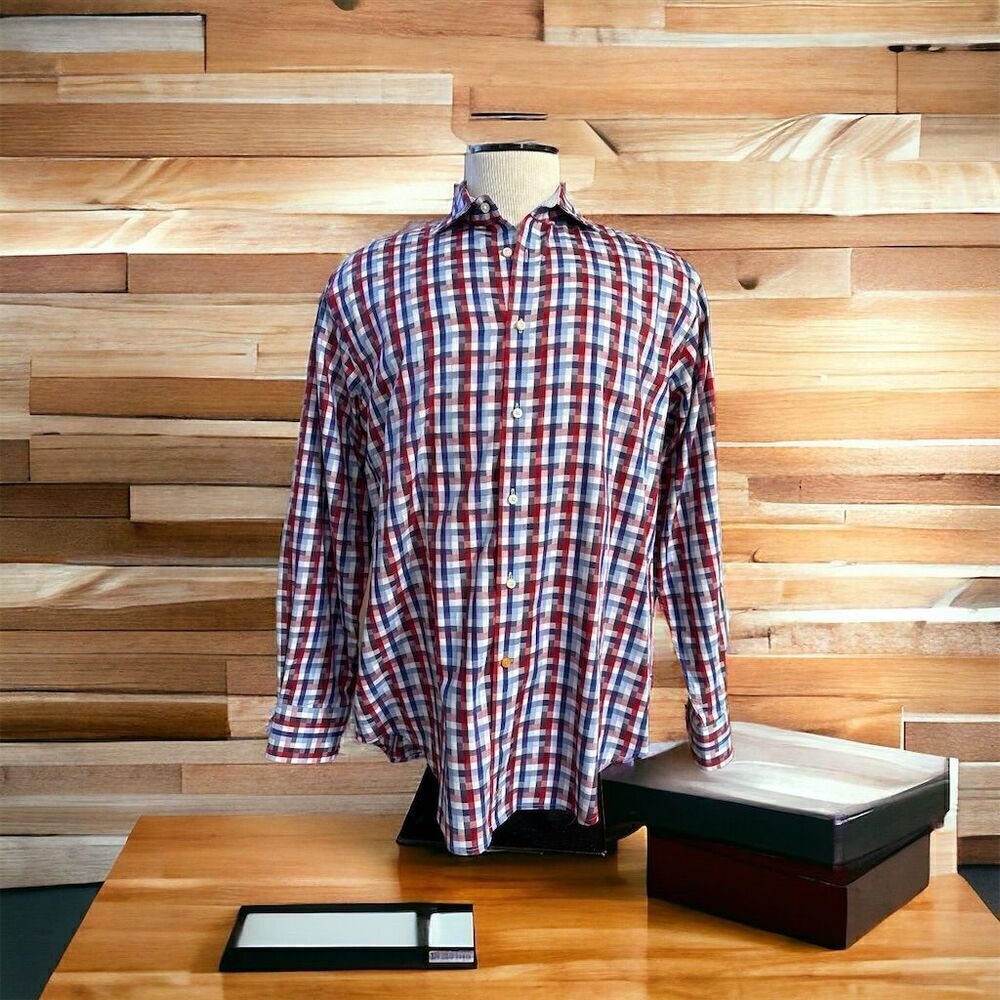 Thomas Dean 100% Cotton Red White Blue Plaid Button-Up Long Sleeve Shirt